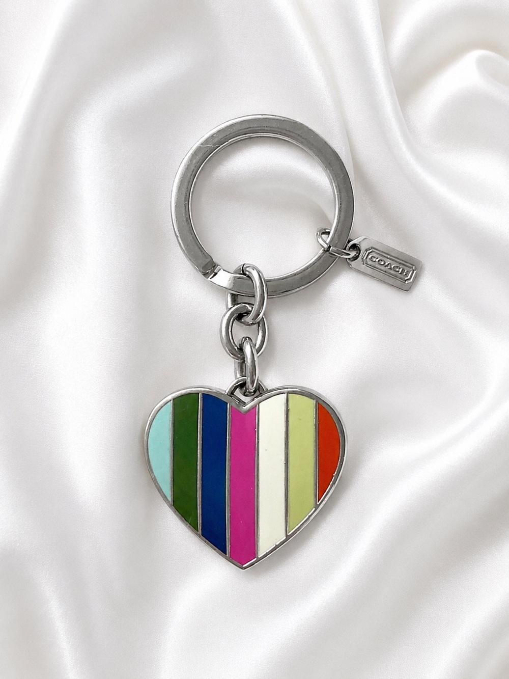 Coach Legacy Rainbow Stripe Heart Photo Picture Frame Locket Keychain
